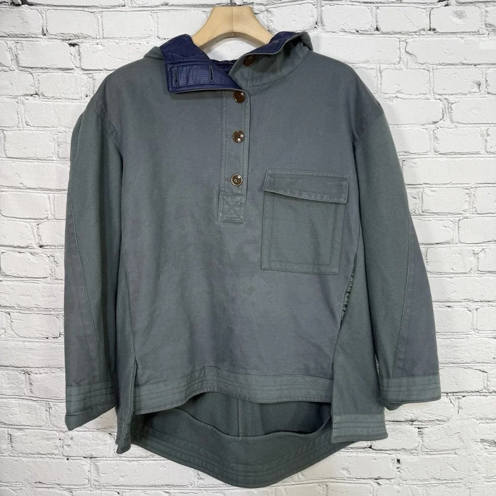 J. Crew Anorak Hooded Pullover Jacket Womens L 1/4 Button High Low Canvas Fleece